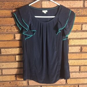 Odille Navy and Green Size 0 Ruffle Sleeve Blouse